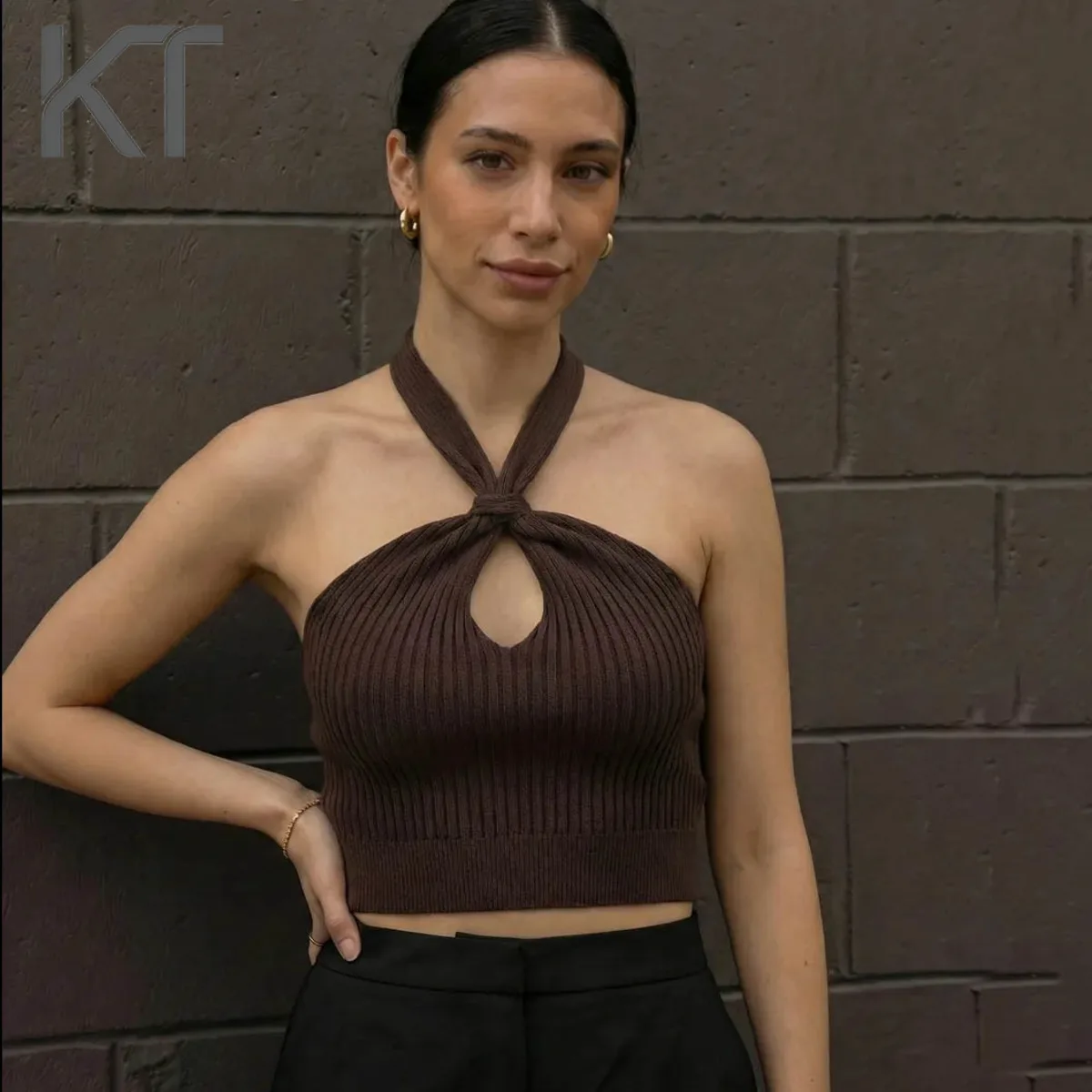 

KT 2026 New Women's Knit Halter Crop Top Twist Knot Keyhole Cutout Ribbed Sleeveless Casual Brown Tops