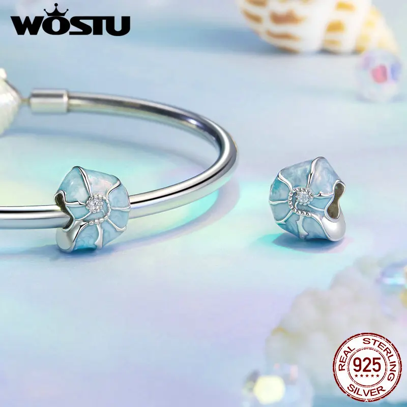 WOSTU 925 Sterling Silver Blue Dreamy Shell Charm Star Fish Pendant Heart Beads Fit Original Bracelet DIY Neckalce Holiday Gift