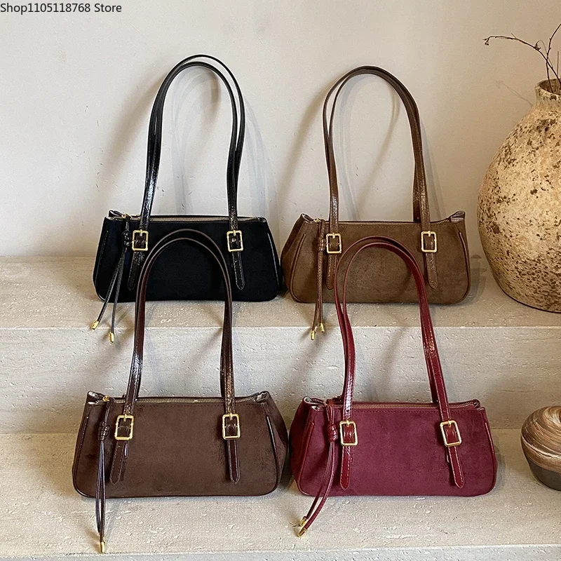 

Faux Suede Solid Color Casual Tote Bags Large Capacity Versatile Youth Women's Bags Fashion Commuting Sweet Shoulder Bag