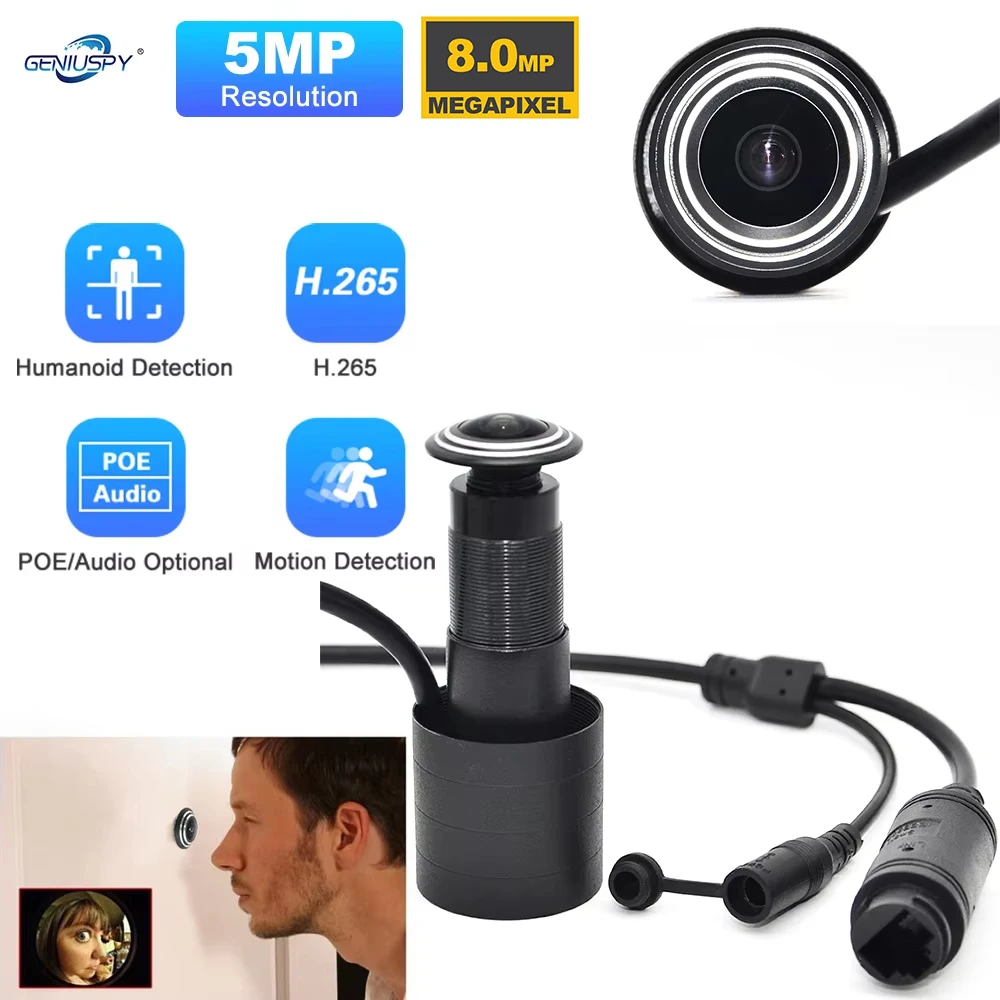 Kamera IP do drzwi 5MP 8MP HD z obiektywem szerokokątnym 1.66mm 1.78mm, kąt widzenia 180 stopni, H.265, mini wizjer sieciowy CCTV, z mikrofonem audio, zasilana przez POE.