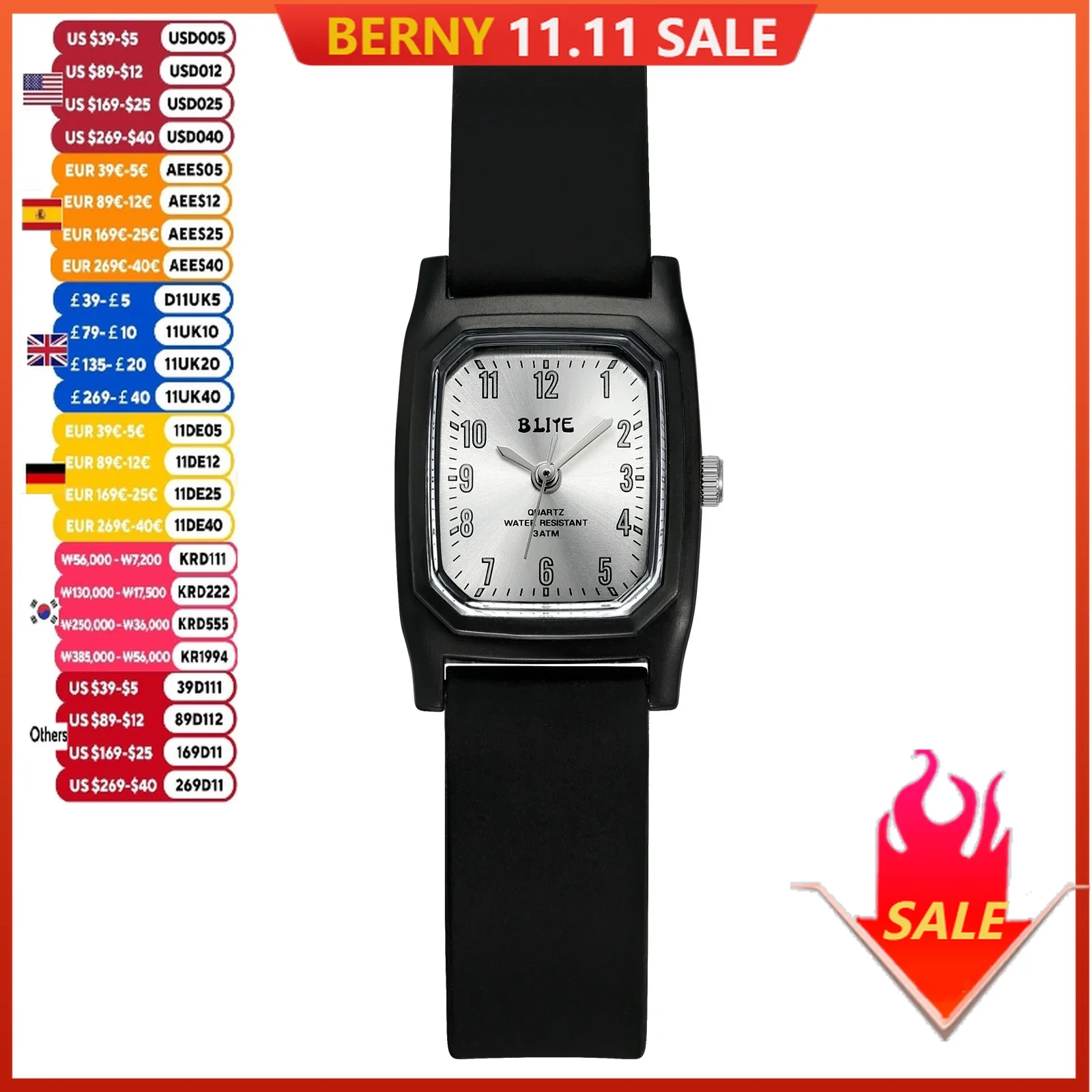Berny Men/Girl Quartz Watch Rectangular Silicone Strap Easy Read Dial Square Fashion Wristwatch Stainless Steel Cover Waterproof