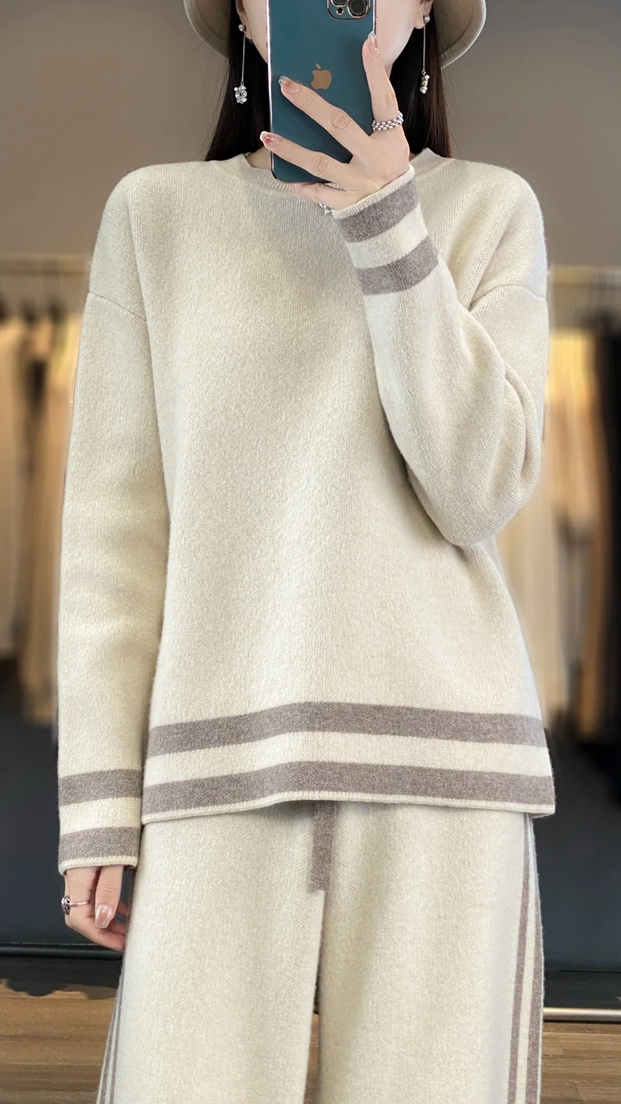 Autumn and winter new 100% pure wool knitted loose fitting pullover sweater wide leg pants two-piece set [returns not supported]