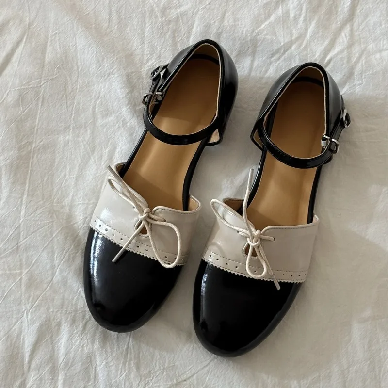 Fashion Two Tone Black White Mary Jane Flat Shoes Ankle Buckle Strap Front Lace Up Preppy JK Style Closed Toe Daily Casual Shoes
