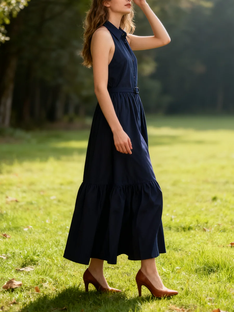 VGH Elegante strandstijl lange jurken voor vrouwen revers mouwloze hoge taille gesplitste riem gedrapeerde casual jurk vrouwelijke mode nieuw