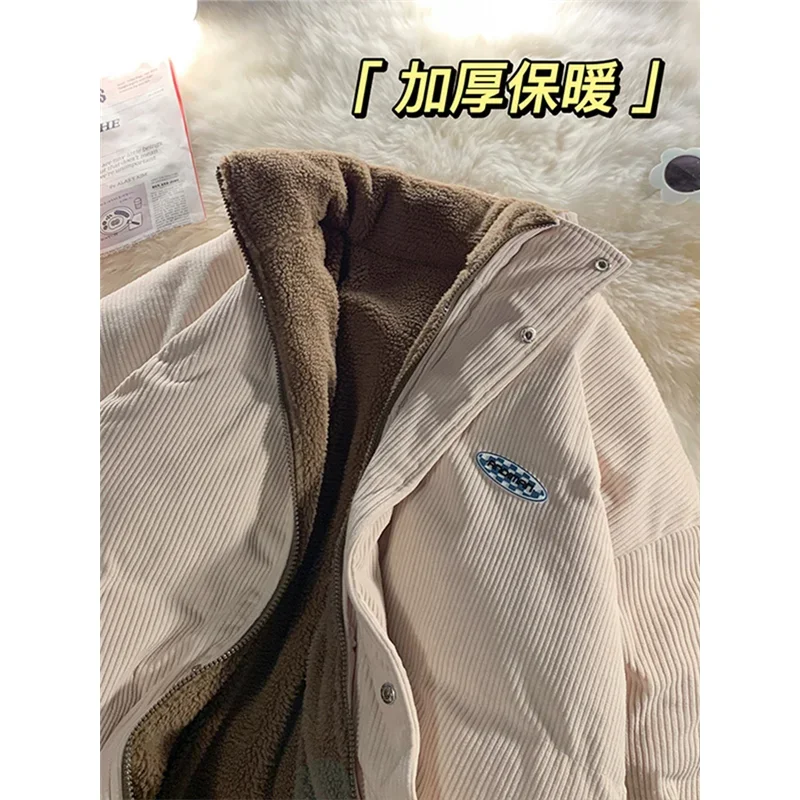 2024 Winter Women Corduroy Jacket Vintage Lamb Fleece Cotton Parkas Coat Fashion Thick Warm Clothes Loose Double-sided Outerwear