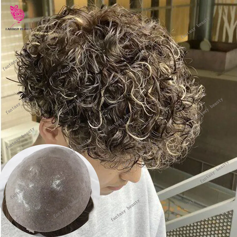 Men's 0.06mm Microskin 20mm/26mm Curly Thin Skin Blonde Brown Human Hair Durable Prosthetic Toupee System 1B80 Grey Hairpieces