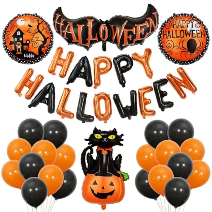 47 قطعة بالونات الهالوين السعيدة راية أسود برتقالي بالونات اللاتكس كبيرة القط اليقطين احباط بالونات لتزيين حفلات الهالوين