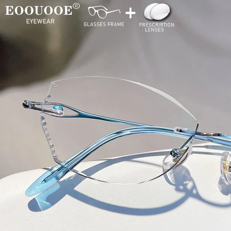 Women Rimless glasses Diamond Flash Fashion Eyeglasses MR-8 Lenses Scratch-resistant Prescription Recipe Progressive Anti reflec
