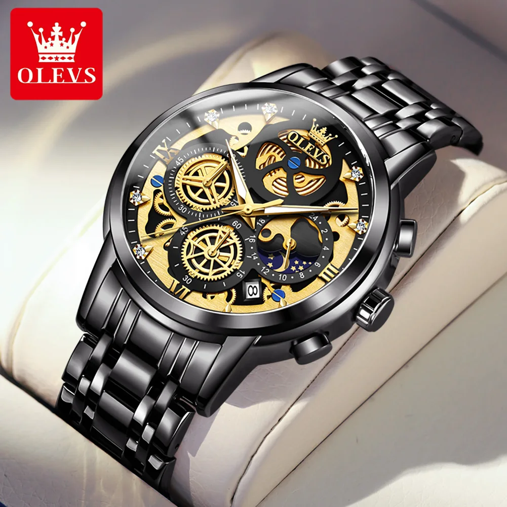 OLEVS 9947 montre pour hommes en acier inoxydable multifonctionnelle veilleuse Phase de lune étanche sport montre à Quartz originale pour hommes