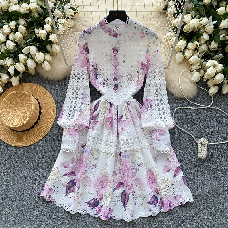 Spring Autumn French Elegant Hollow Embroidery Splicing Printed Dress Women's European American Fashion A-line Mini Dress S212