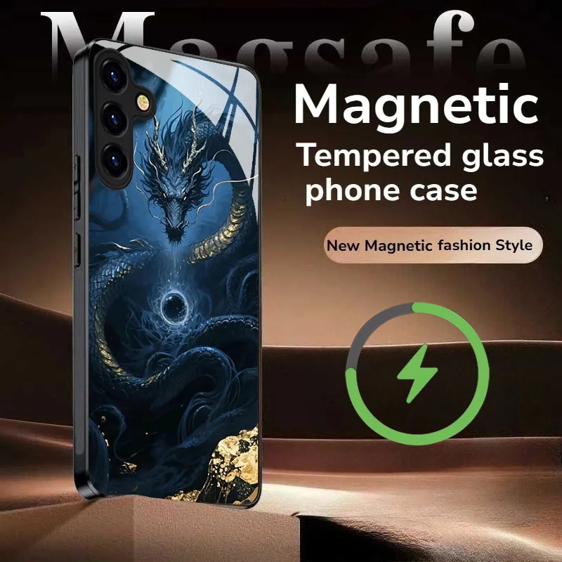 Dragon pattern magnetic glass phone case suitable for Samsung Galaxy S26 S25 S24 S23 S22 S20 FE/Ultra/Plus anti drop back cover