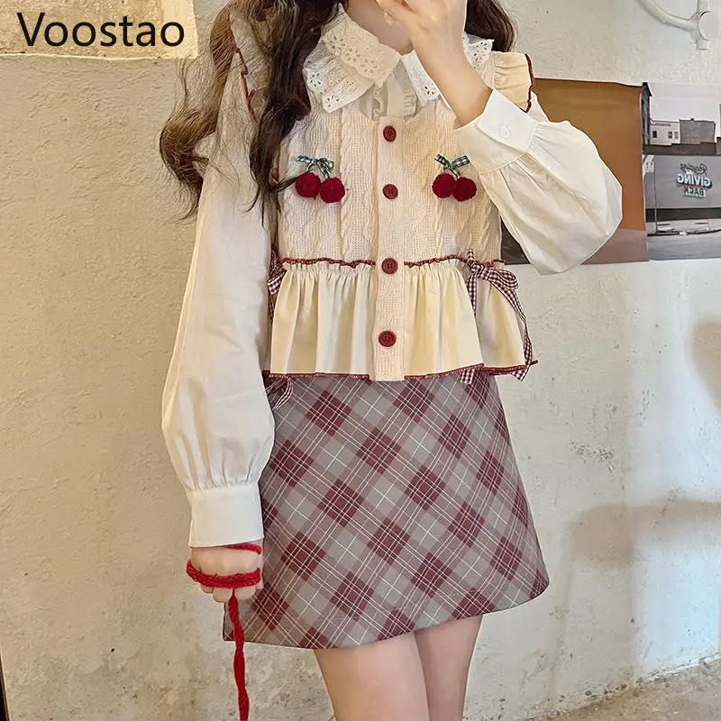 Spring Autumn Kawaii Knitted Sweater Vest Women Chic Patchwork Sweet JK Cardigan Japanse Cute Lolita Cherry Sleeveles Waistcoat