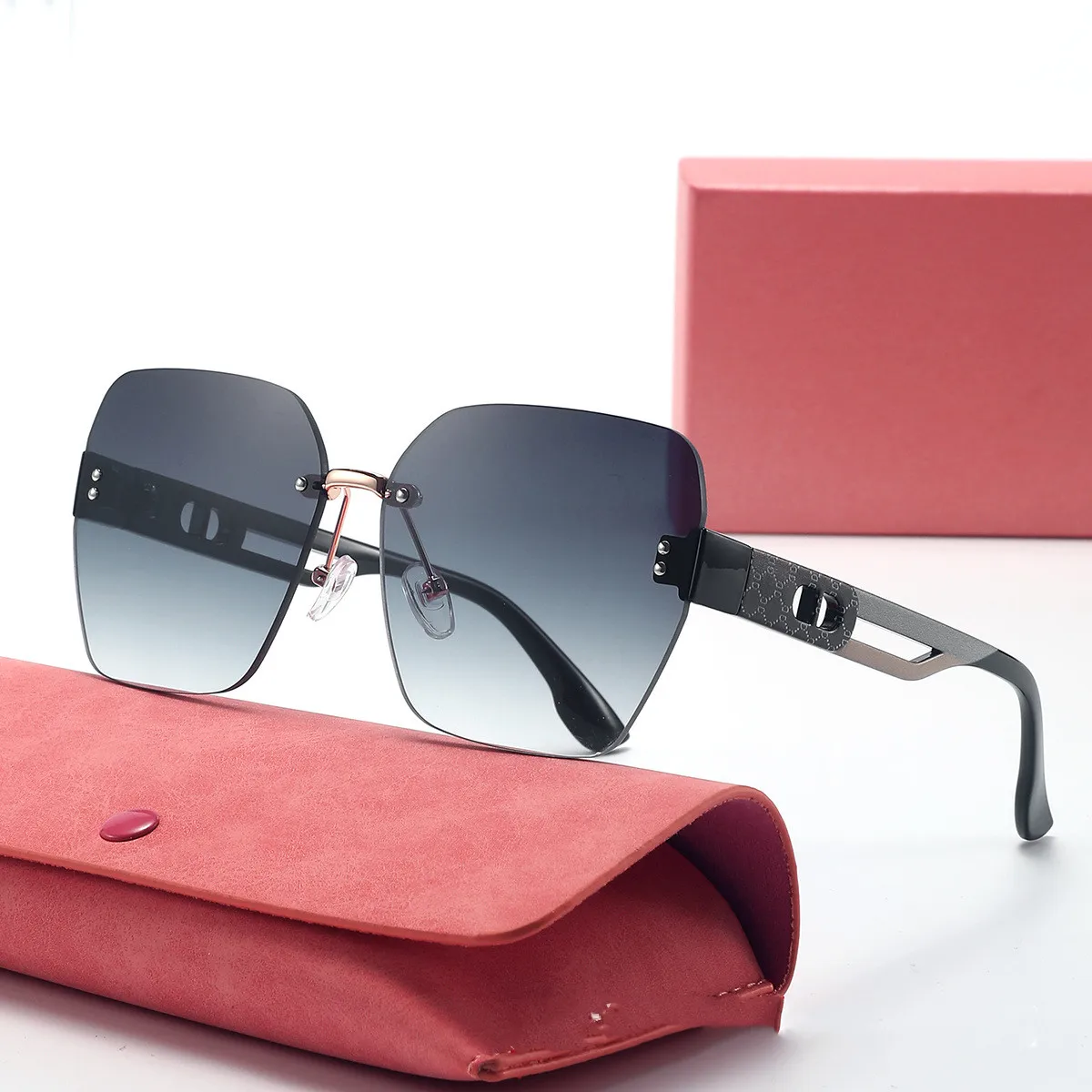 نظارات شمسية عصرية جديدة بطباعة كاكي بدون إطار بحافة مقطوعة كبيرة للنساء نظارات شمسية متعددة الأضلاع متدرجة (DS-8170)