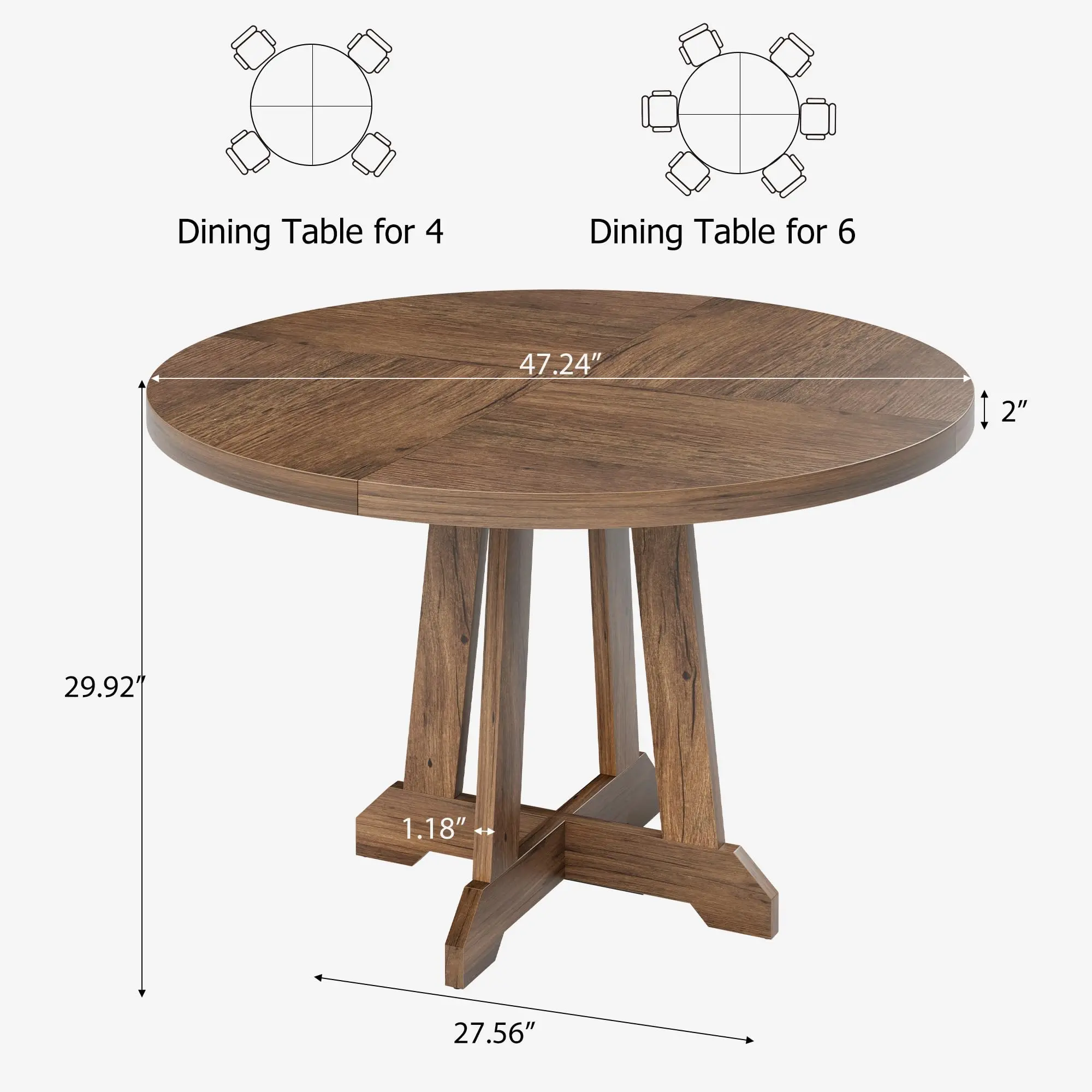 Round Dining Table for 4, 47 Inch Wooden Kitchen Table with Mortise Legs, Circle Table, Dinner Table for Dining Room, Kitchen