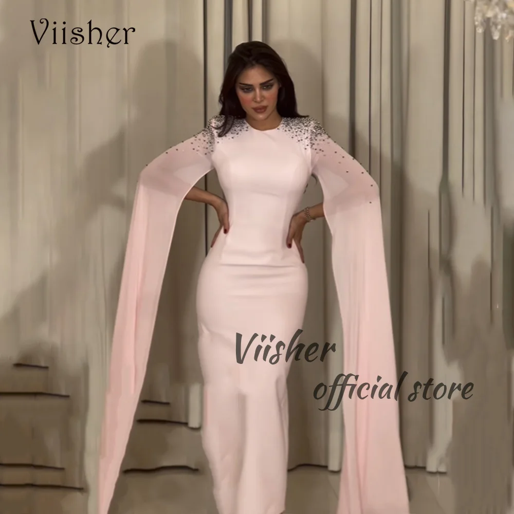 Viisher Pink Mermaid abiti da sera perle Cape Sleeve stretto lungo abito da ballo formale Dubai abiti da sera arabi