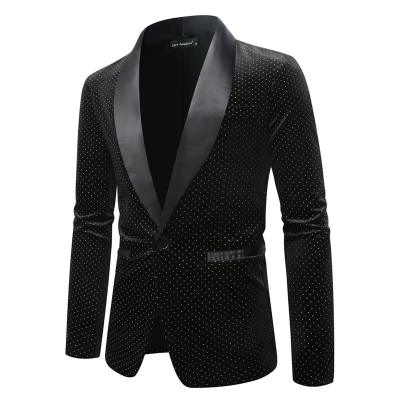 New Men Golden Velvet Suit Loose Single Button Jacket Fashion Homme Business Social Prom Party Dress Polka Dot Blazers