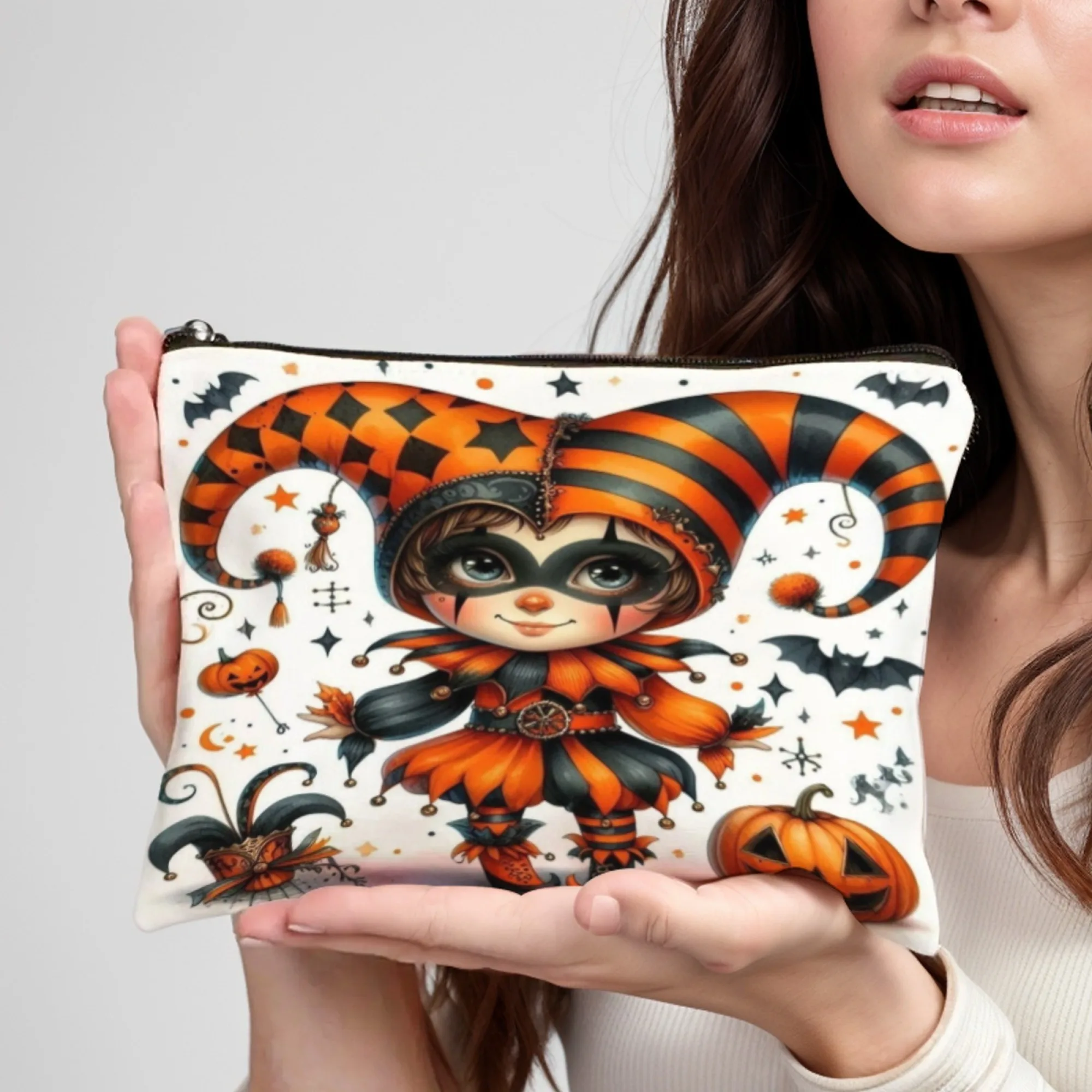 Bat Pumpkin Clown Girl makeup bag lightweight portable cosmetic case with zipper closure ideal for women Birthday Christmas Gift