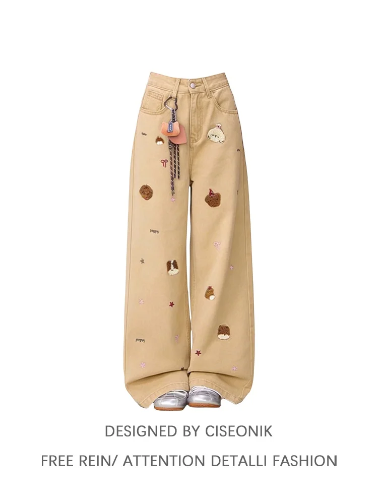 

i Color Embroidered Straight Leg Denim Jeans Women Loose Wide Leg Pants High Waist Spring Season Pear ape Body Fit Jeans