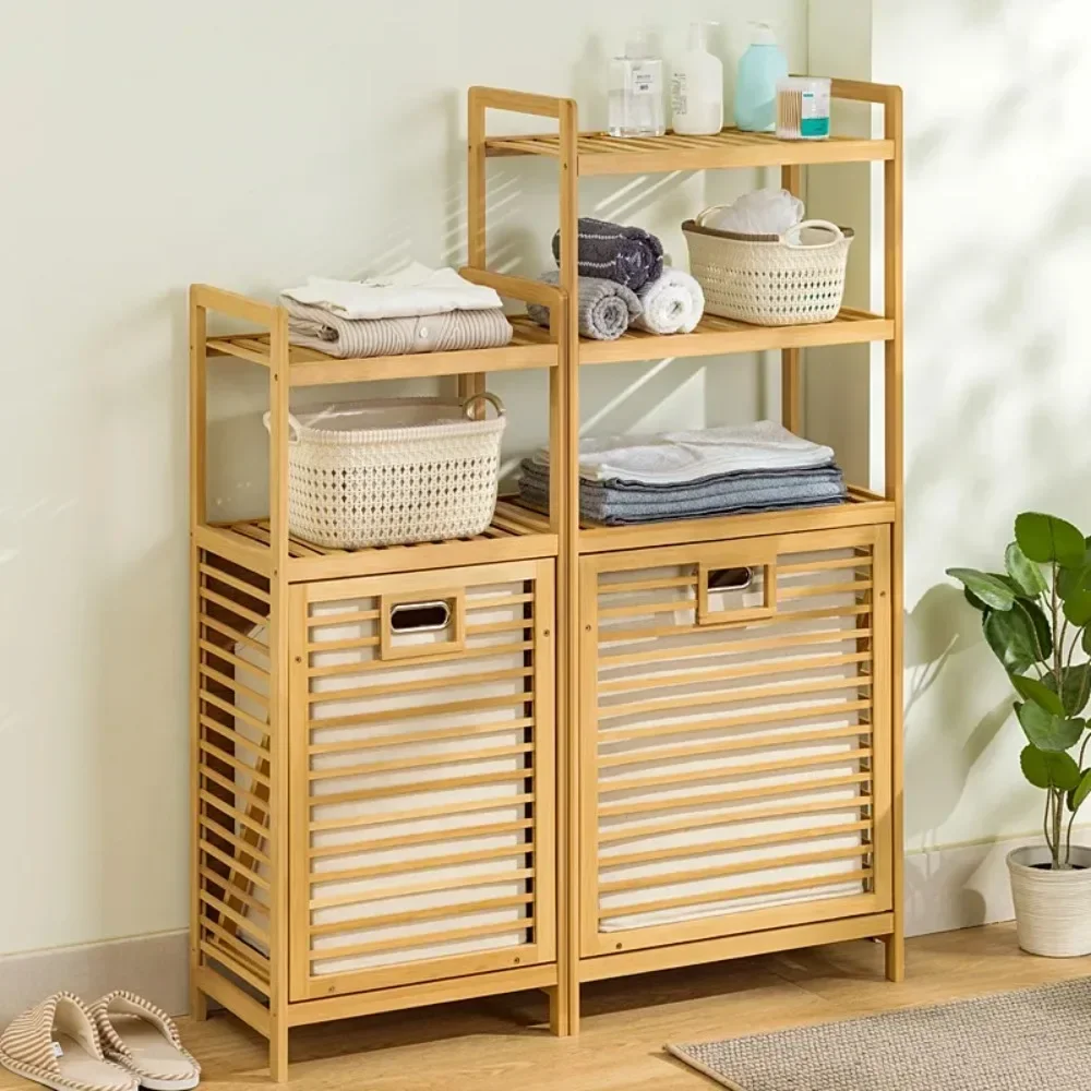 

Laundry Hamper with Shelf 3/4 Tier Wooden Storage Hamper Multi-function With Tilt Out Basket Bathroom Rack Bamboo Laundry Basket