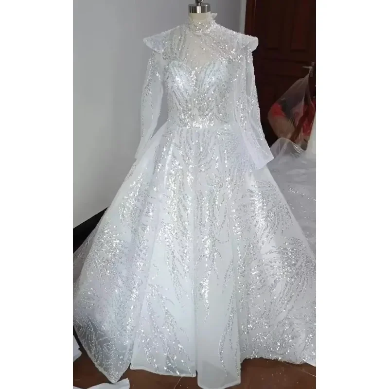 맞춤형 시스루 비즈 스팽글 볼가운 웨딩드레스 플러스 사이즈 긴팔 퍼프 브라이덜 가운