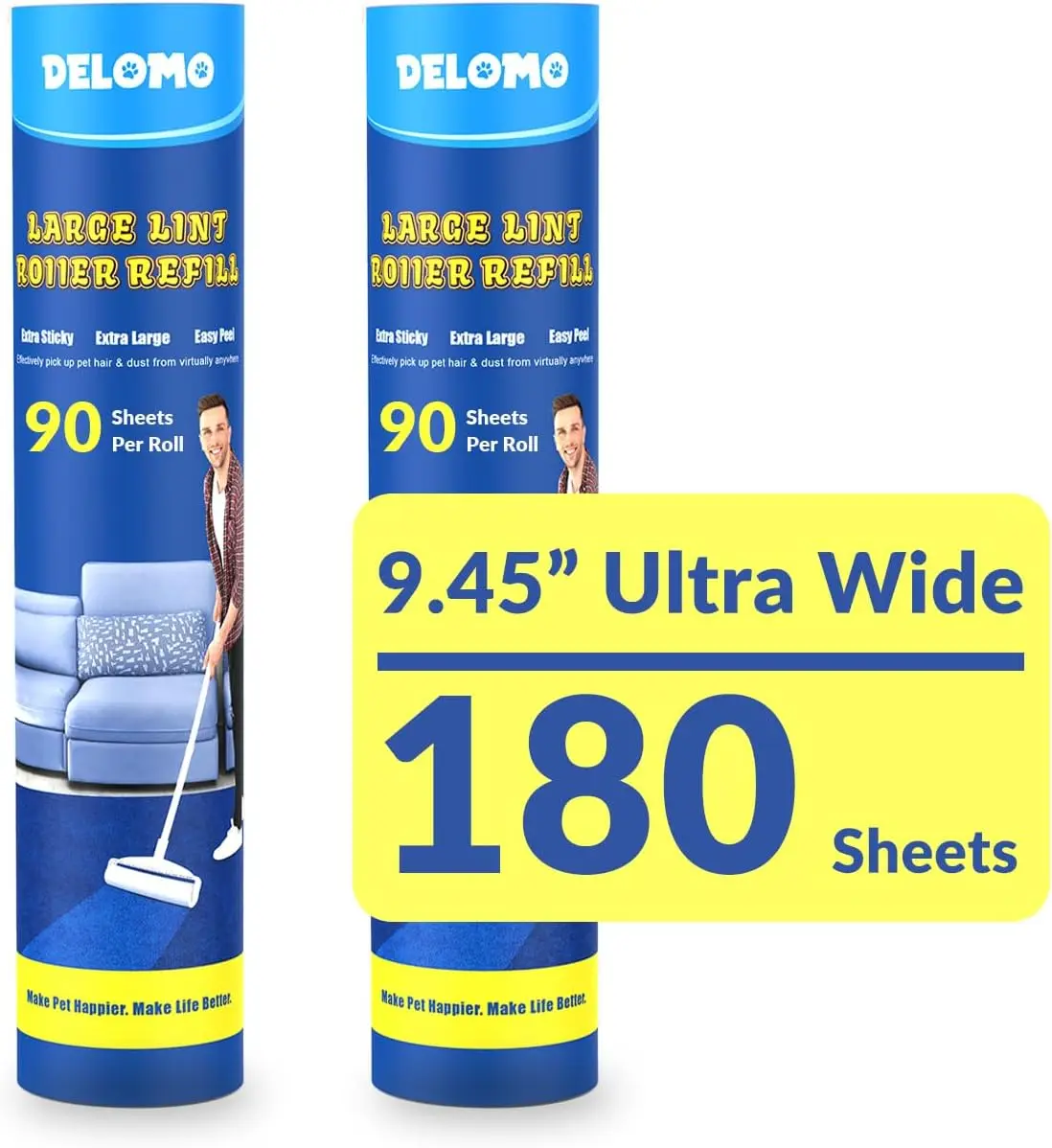 

Large Lint Roller Refills (2 Pack, 180 Sheets) – Extra Sticky for Carpets, Cars, Beds, Couches & Pet Hair