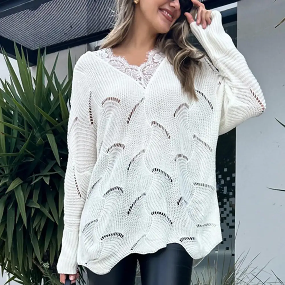 Loose Fit Long Sleeve Sweater Stylish Women's Hollow Design V Neck Sweater with Lace Detail for Streetwear Party for Fashionable