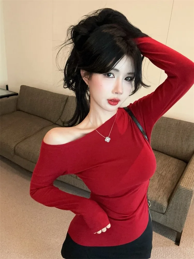 

Korean Style Chic Shoulder Baring Long Sleeve T-Shirt Women's Base Layer Top Slimming Sexy Spring Fashion Casual Commute