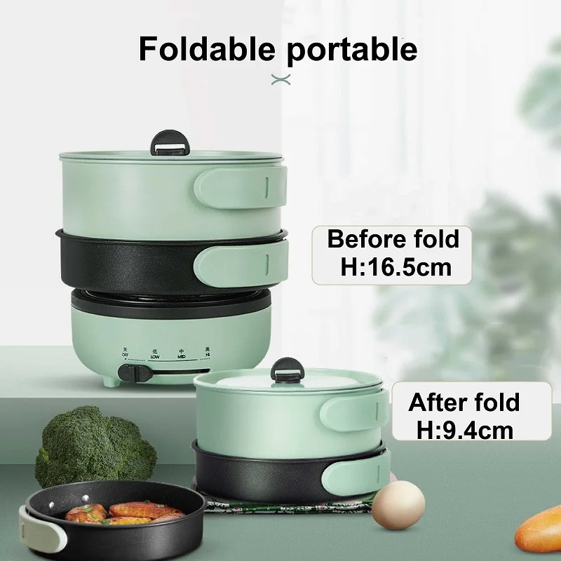 220V Multifunctional Pot Foldable Electric Cooking Pot Travel Electric Hot Pot Dormitory Noodle Pot Non-stick Frying Pan 1.7L