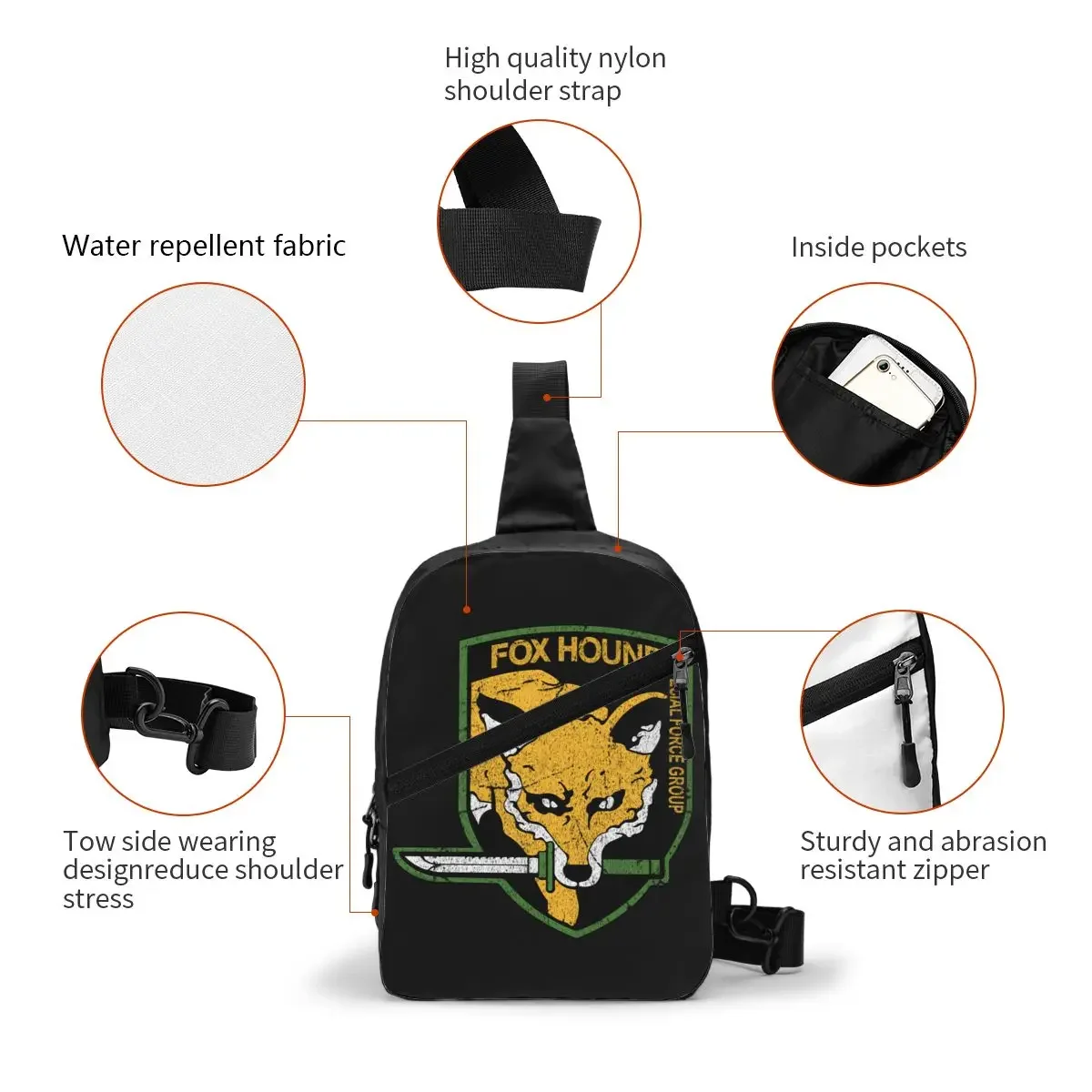 Gear Solid Fox Hound Sling Chest Bag Custom Video Game Shoulder Crossbody Backpack for Men Travel Hiking Daypack