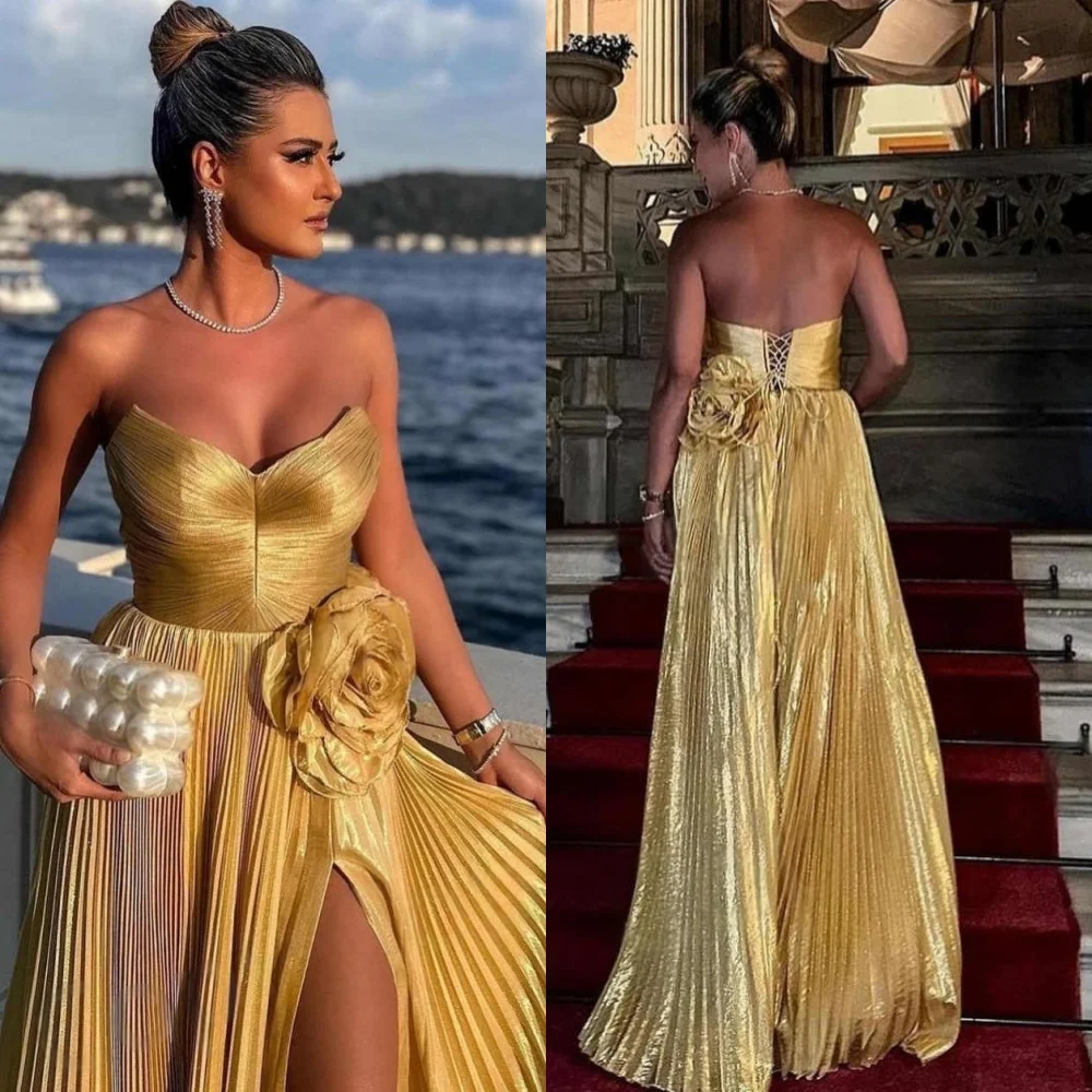 

Customized Yellow Chiffon Evening Dress Temperament Strapless Flowers Cocktail Dress Lace Up Back Bespoke Occasion Gowns