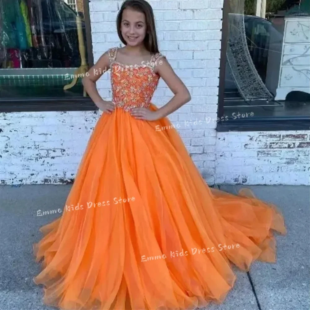 

Customized Flower Girl PageantDress Beaded Sleeveless Backless Spaghetti Strap Wedding Princess Birthday Party Gown with Train