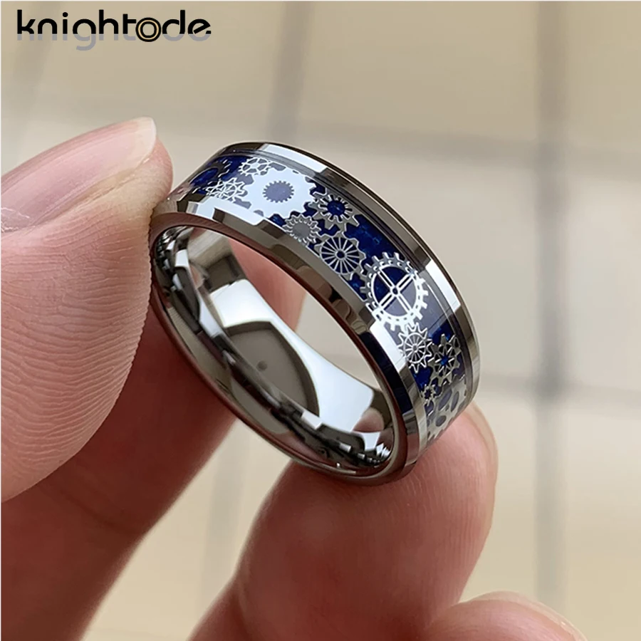 8mm Carbon Fiber Inlay Mechanical Gear Wheel Tungsten Carbide Rings Wedding Band Beveled Edges Polished Comfort Fit