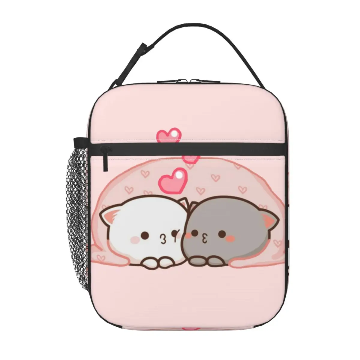 Cute Mochi Cat Peach And Goma Love Kiss Insulated Lunch Tote Bag for Women Portable Cooler Thermal Food Lunch Box Camping Travel