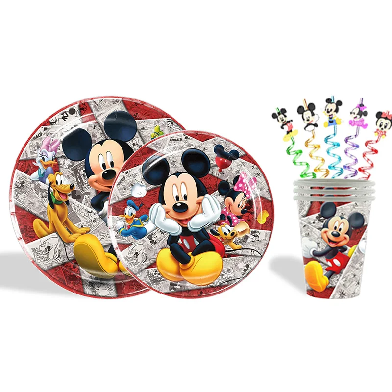 Mickey Mouse Birthday Decoration Tableware Set Plates Cups Tablecloth Balloons Backdrop Kids Happy Birthday Party Supplies