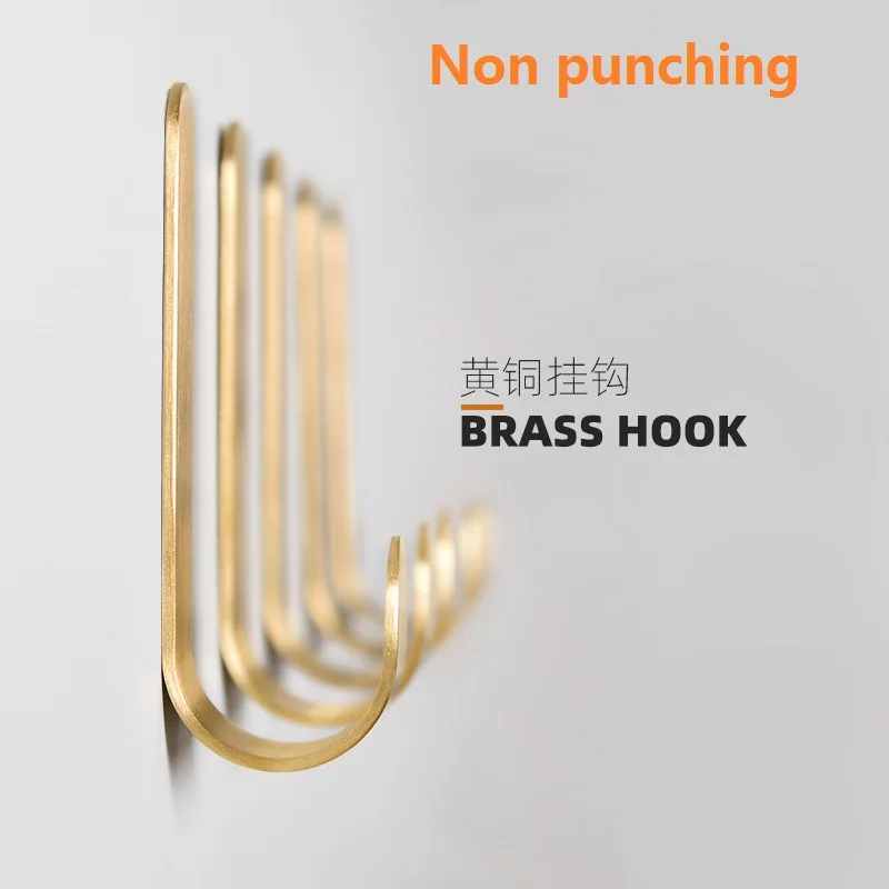 Brass punch free gold hook Nordic metal wire drawing strong load-bearing adhesive wall door creative clothes hook