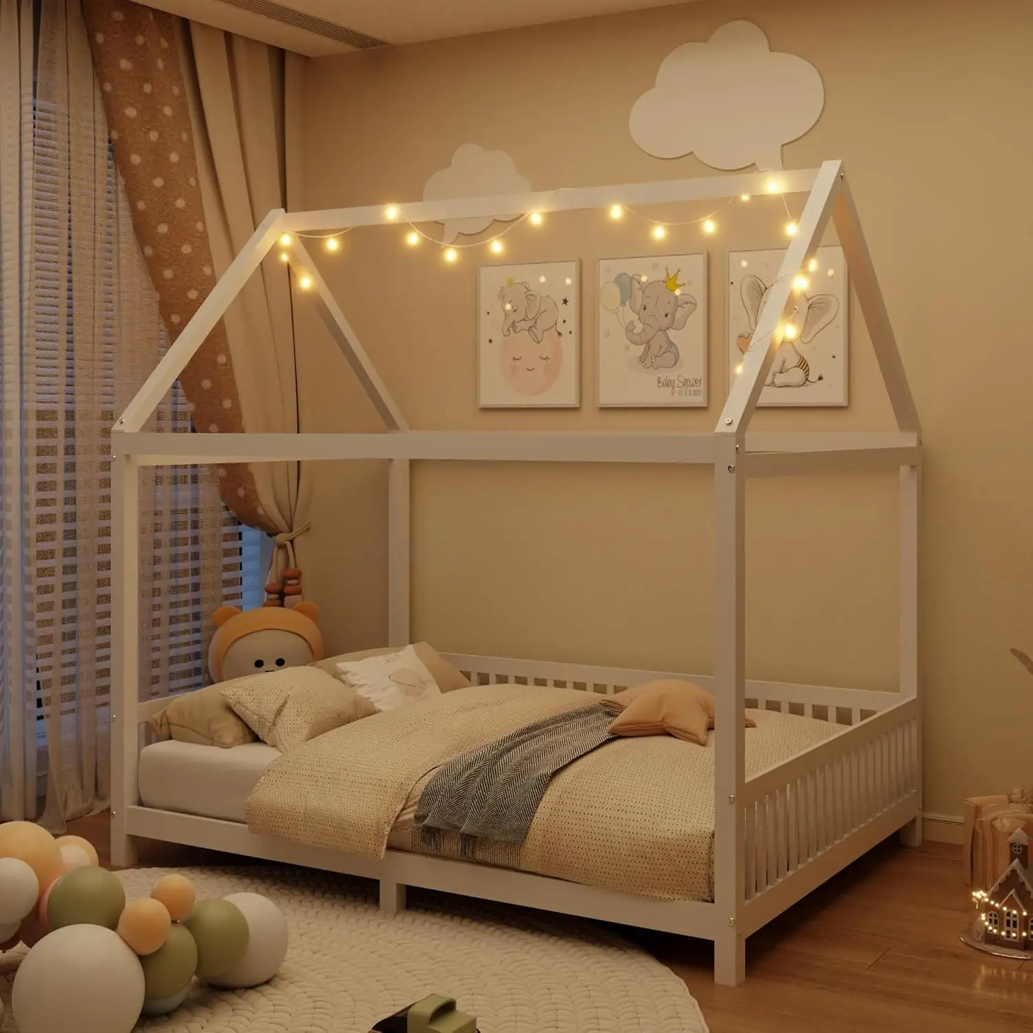 Cama de tamanho completo para crianças, plataforma de madeira de cabeceira com luz e guardrail, para adolescentes, meninas e meninos, branco, sem caixa, primavera