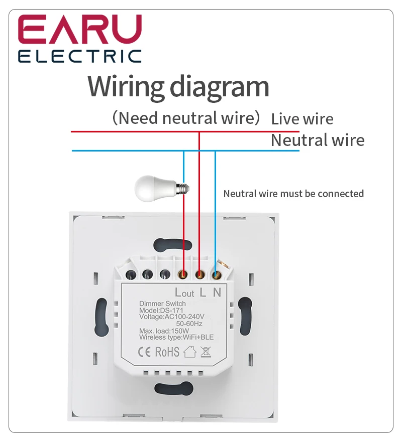 2A WiFi Smart Glass Panel Wall Touch Switch Light Dimmer Switch Smart Life Tuya APP Remote Control for Alexa Google Home