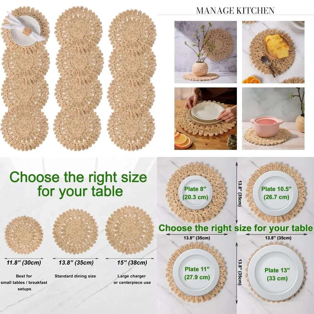 

12 Round Natural Corn Husk Placemats - Bohemian Woven Rattan Table Mats for Farmhouse Style Dining | Spring Plate Chargers