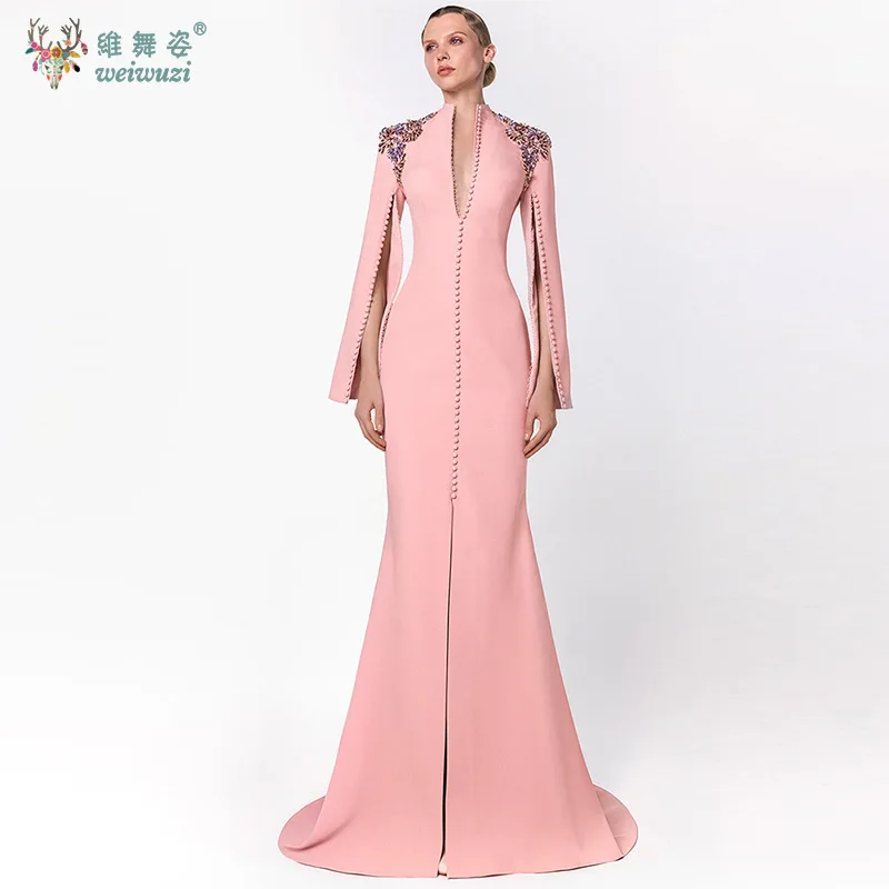 Exquisite Pink Deep V-neck Long Sleeves Buttons Evening Dress Luxury Inlaid Water Diamond Party Gown Host's Performance Costume