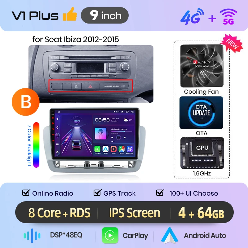 Junsun Wireless CarPlay voor Apple Android Auto autoradio voor Seat Ibiza MK4 6j 2008 2009 2010 2011-2013 GPS multimediaspeler stereo autoradio touchscreen