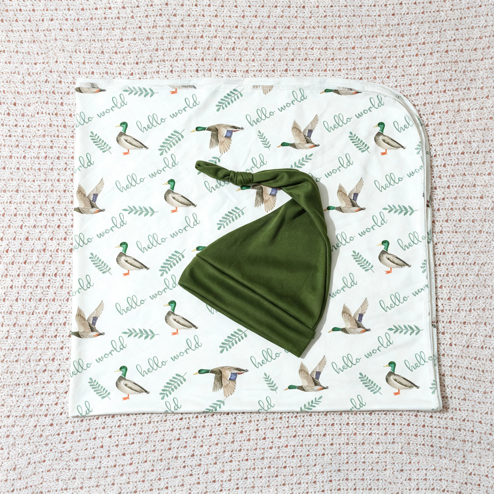 Newborn Baby Swaddle Blanket Knotted Hat 2Pcs Set Mallard Duck Print Soft Stretch Receiving Wrap Infant Boy Coming Home Outfit view 6
