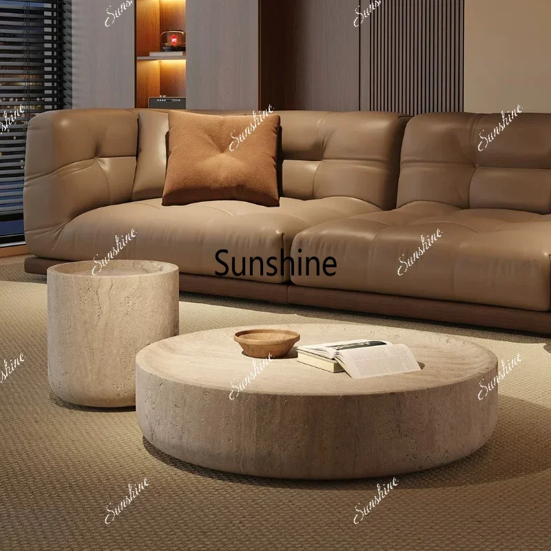 

Light luxury travertine coffee table round marble tea table retro style living room side tableTJ