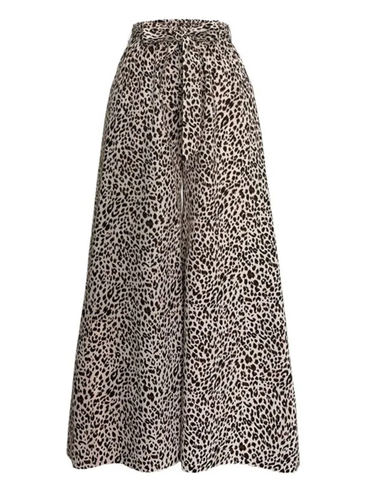 Vrouwen nieuwe luipaardprint wijde pijpen broek hoog getailleerde elastische flowy palazzo broek zomer boho vakantie casual bodems broek
