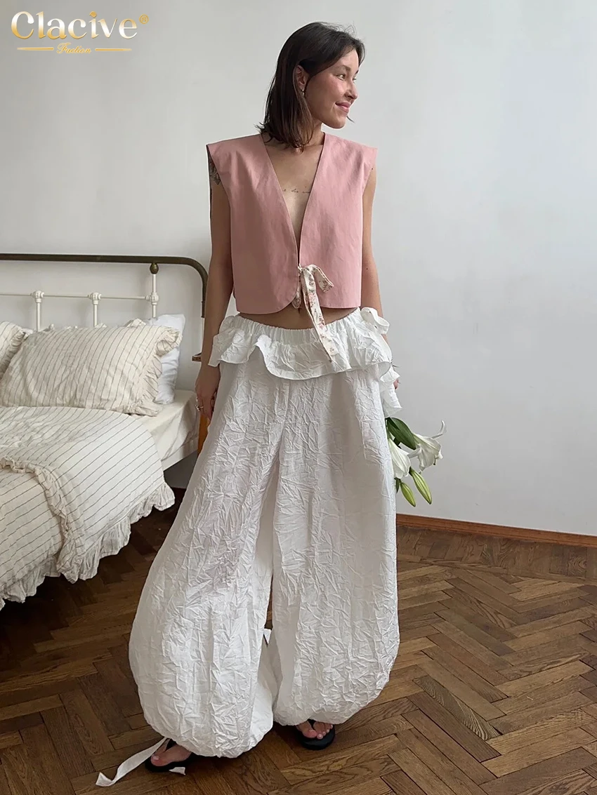 Clacive Fashion Loose Blue Women Pants 2025 Casual High Waist Wide Trousers Elegant Classic Solid Ruffles Pants Female Clothing