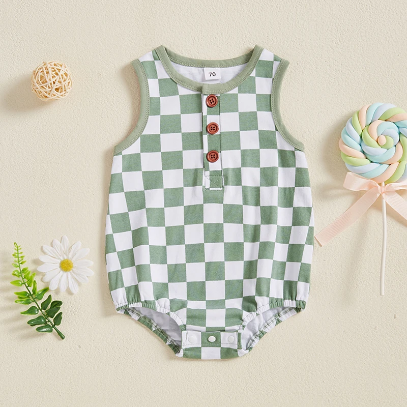 Newborn Baby Boys Tank Romper Summer Casual Checkerboard Print Sleeveless O Neck Buttons Jumpsuit for Toddlers Infants 0-18M