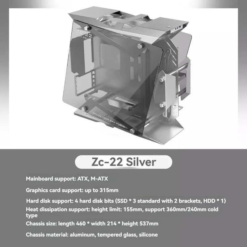 ZC-22 ATX All Aluminum Tempered Glass Desktop Computer DIY Water Cooled Gaming Case