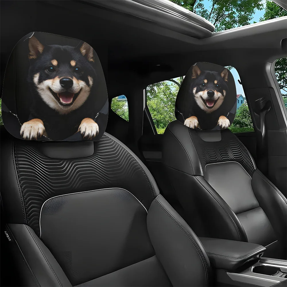 2pcs, Black Shiba Inu Quirky Printed Car Headrest Covers, Unique Interior Decoration, Easy to Install And Wash