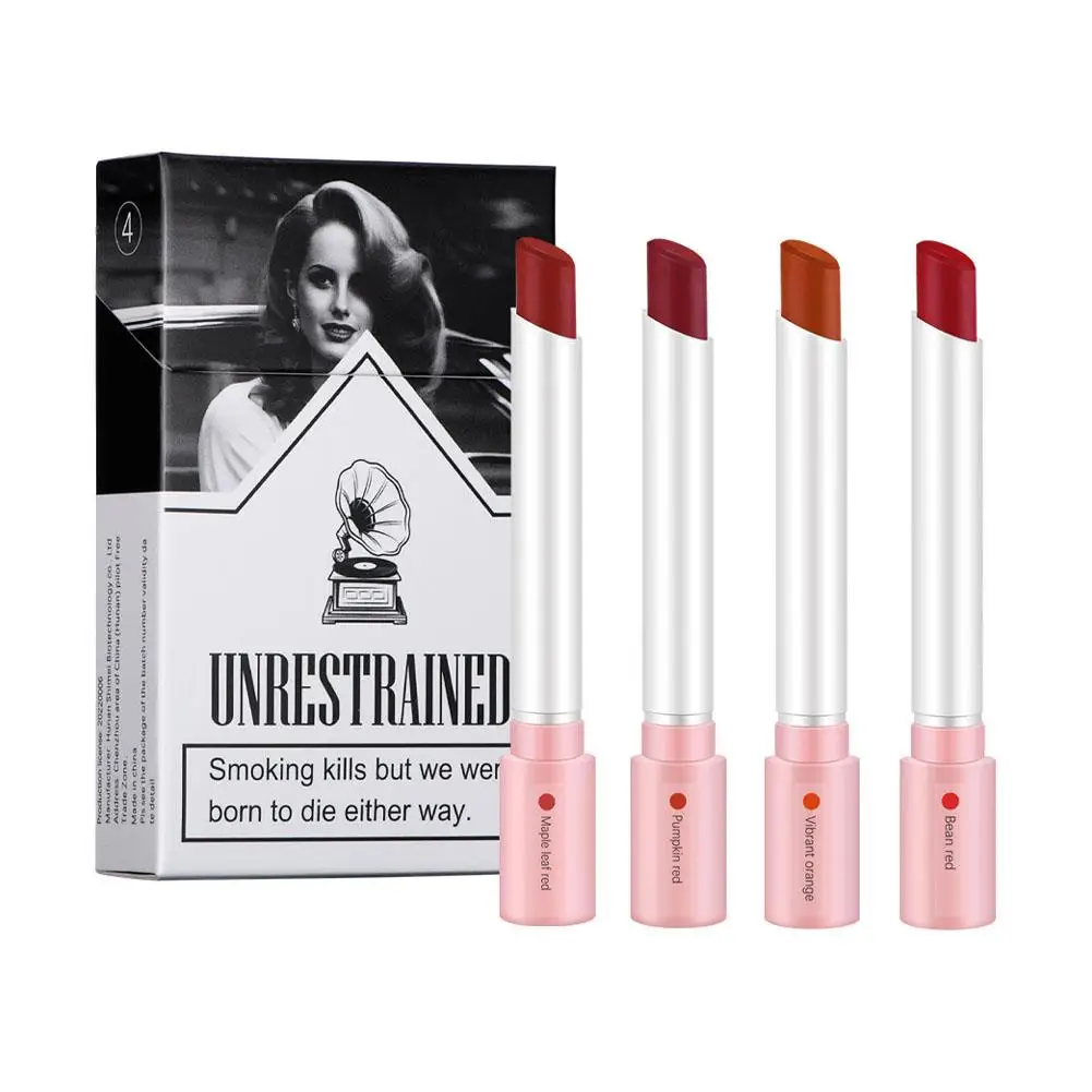 Cigarette Shape Matte Lipstick, impermeável, duradouro, tubo de fumaça, veludo Lip Tint, maquiagem, 4pcs por caixa