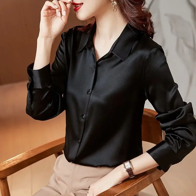 Blusa feminina camisas de manga comprida blusa de seda falsa escritório senhoras topos coreano chique roupas femininas branco preto vermelho azul verde