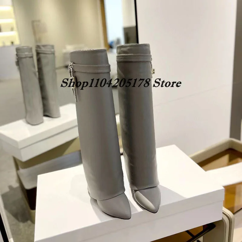 Cow Leather Lock Boots Women Wedge Boots Black Knee High Boots Padlock Full Leather Big Size 43 (Top Type+Expensive+With Box)